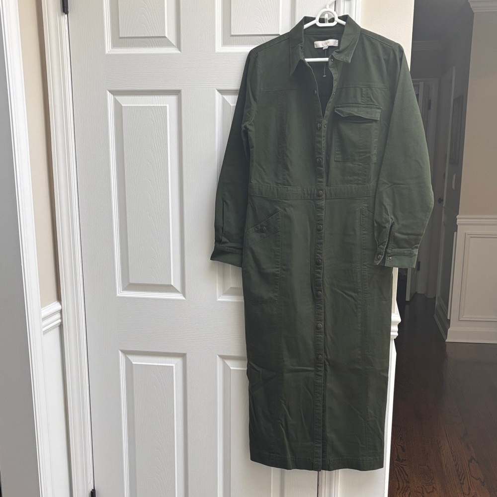 LOFT Forest Green Button-Down Midi Dress